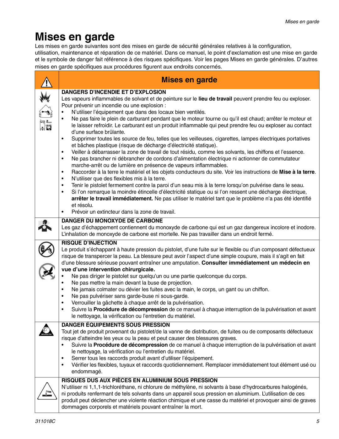 Graco 248872, 248871, 249012, 248870 Mises en garde, Risque D’INJECTION, Risques DUS AUX Pièces EN Aluminium Sous Pression 