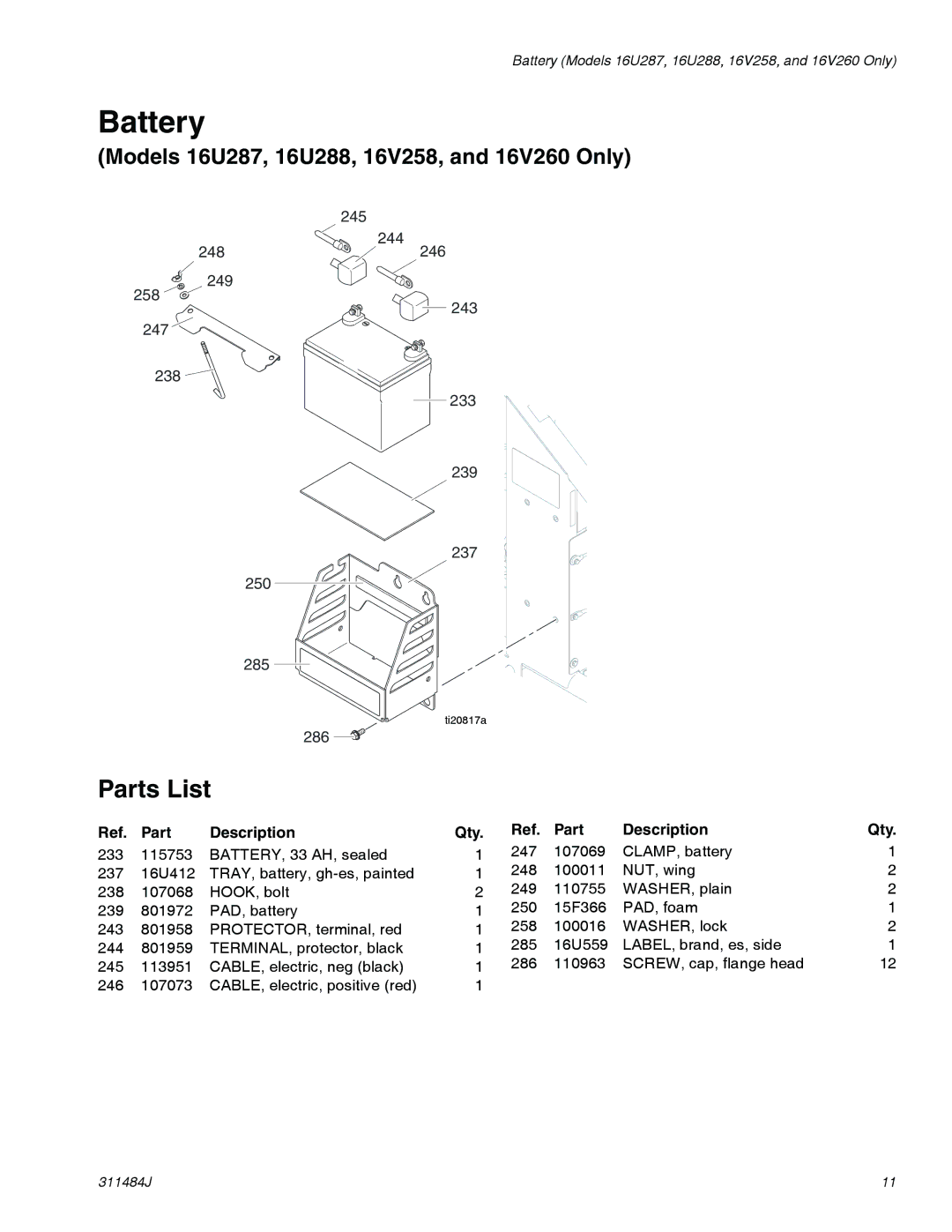 Graco 253471, 249318, 249617, 253472, 16U287, 16V258, 16V260, 16U288 important safety instructions Battery, Parts List 