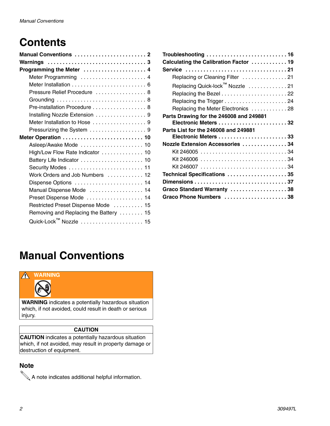 Graco 249881, 246008 instruction manual Contents, Manual Conventions 