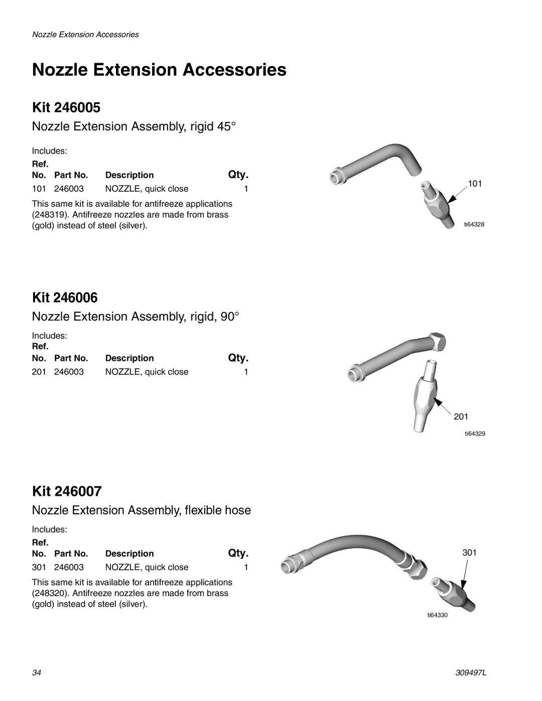 Graco 249881, 246008 instruction manual Nozzle Extension Accessories, Kit, Qty, Description 