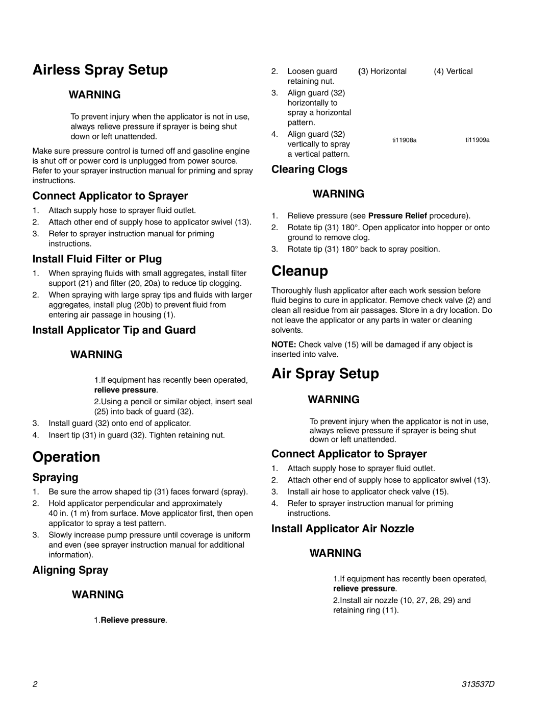 Graco 24B327 important safety instructions Airless Spray Setup, Operation, Cleanup, Air Spray Setup 