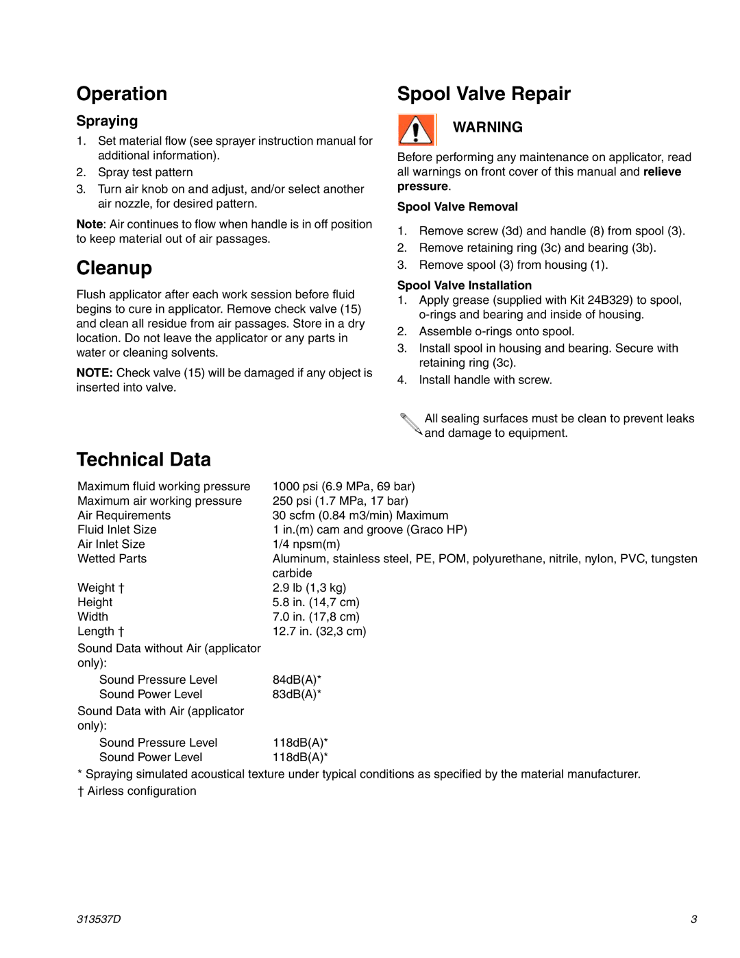 Graco 24B327 Spool Valve Repair, Technical Data, Spool Valve Removal, Spool Valve Installation 