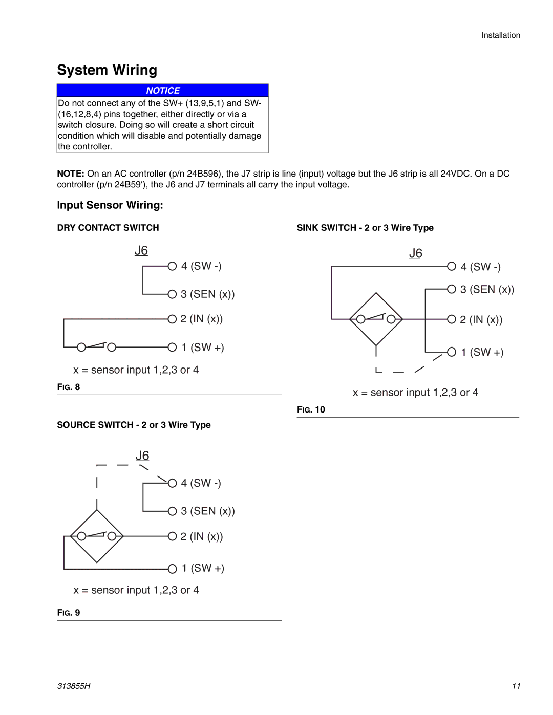 Graco 24B591, 24B596 important safety instructions System Wiring, Input Sensor Wiring, Source Switch 2 or 3 Wire Type 