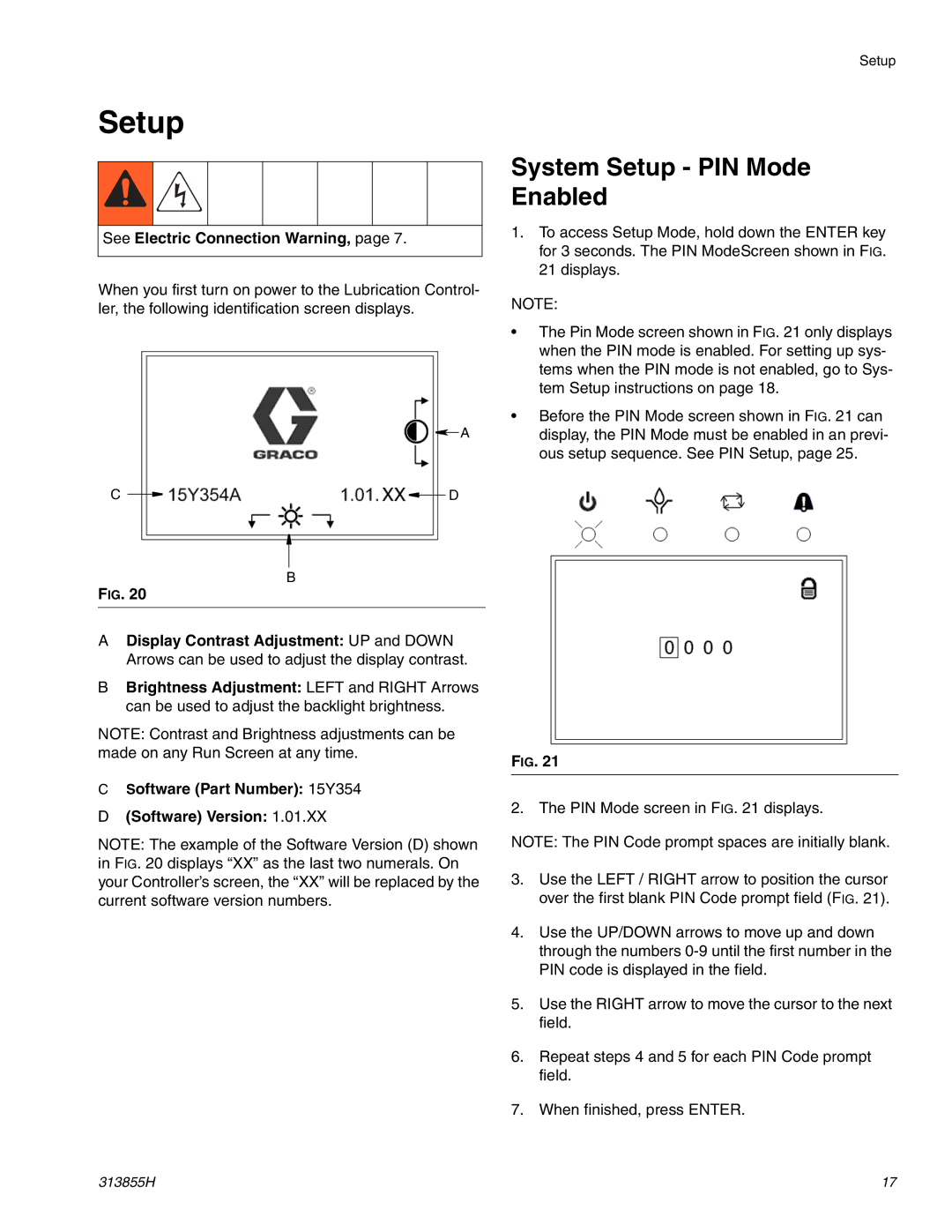 Graco 24B591, 24B596 important safety instructions System Setup PIN Mode Enabled, See Electric Connection Warning 