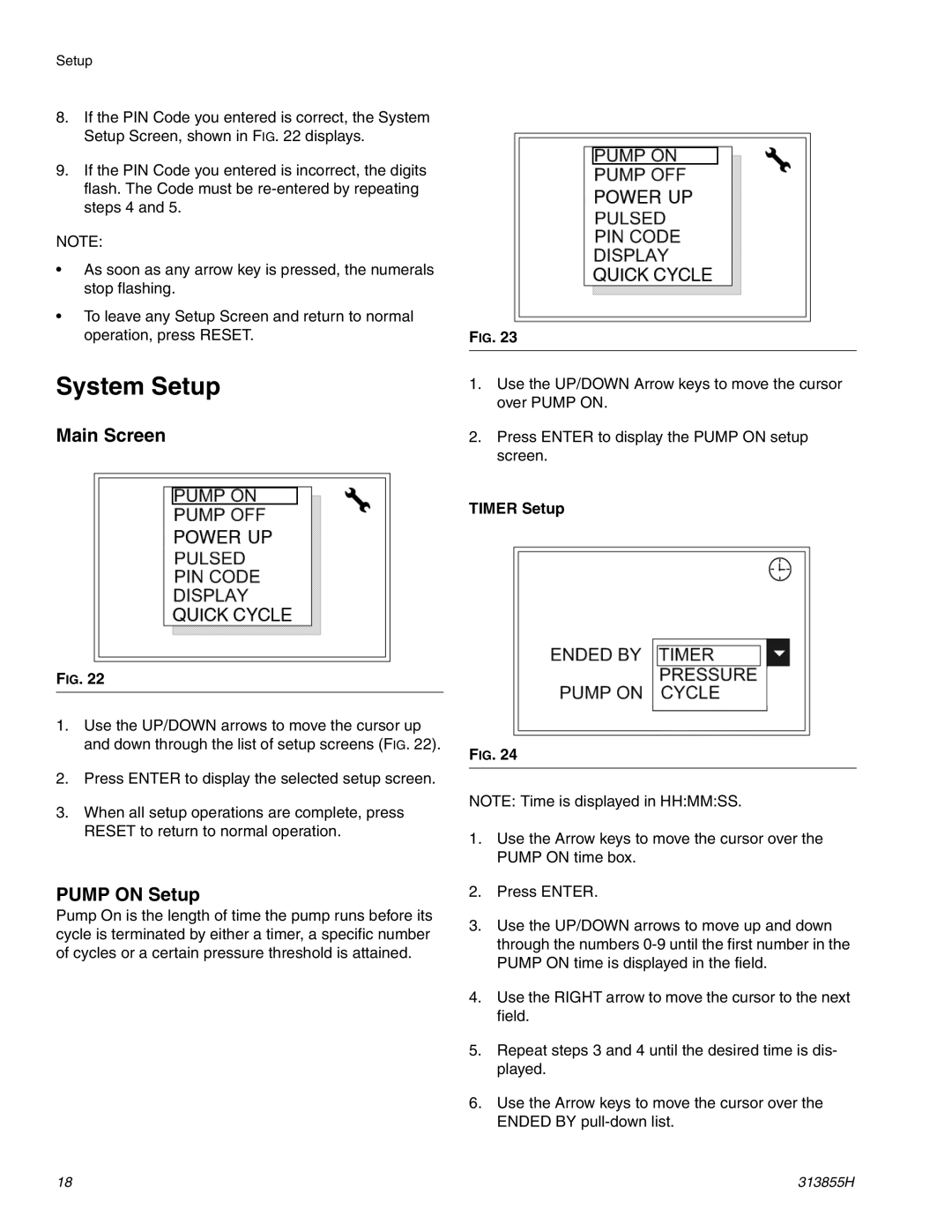 Graco 24B596, 24B591 important safety instructions System Setup, Main Screen, Pump on Setup, Timer Setup 