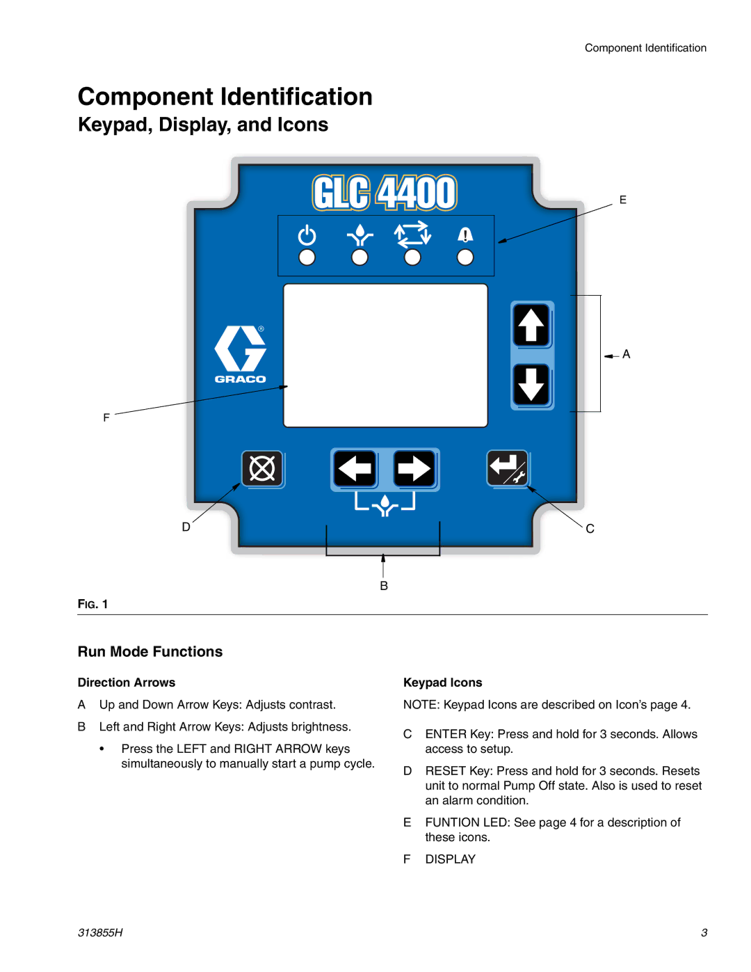 Graco 24B591 Component Identification, Keypad, Display, and Icons, Run Mode Functions, Direction Arrows, Keypad Icons 