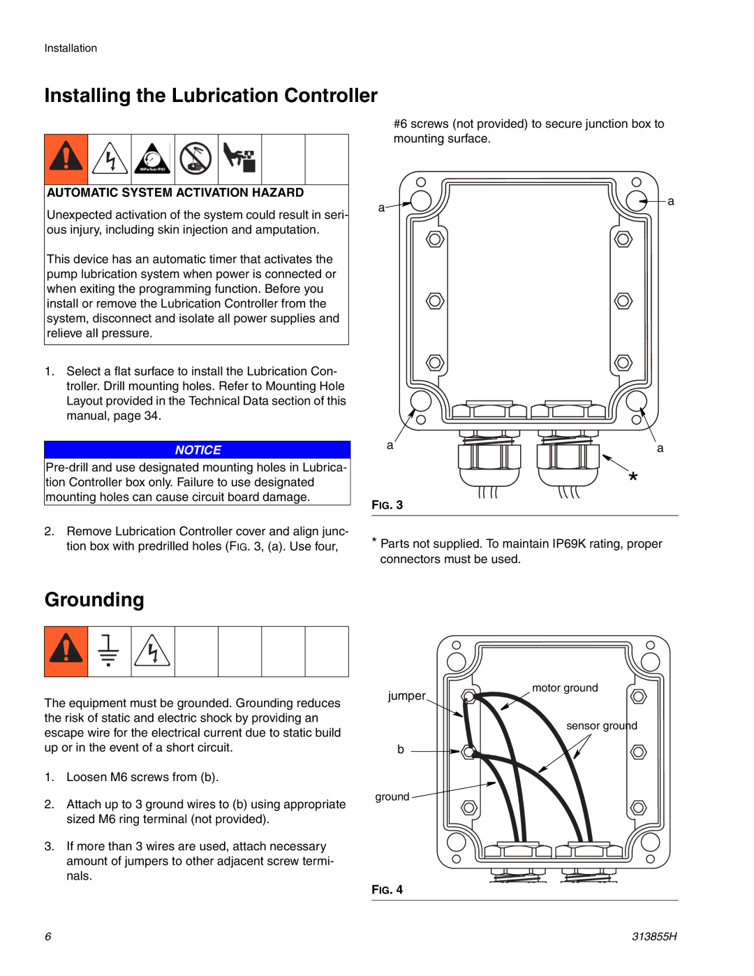 Graco 24B596, 24B591 important safety instructions Installing the Lubrication Controller, Grounding 