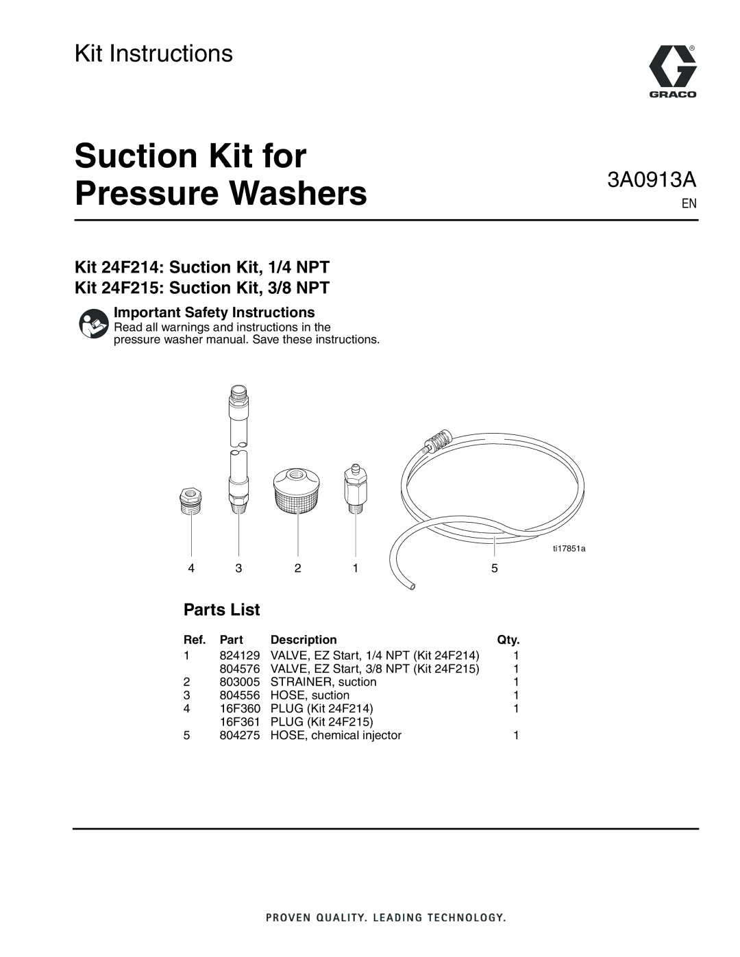 Graco 24F215, 24F214 important safety instructions Suction Kit for Pressure Washers, Parts List 