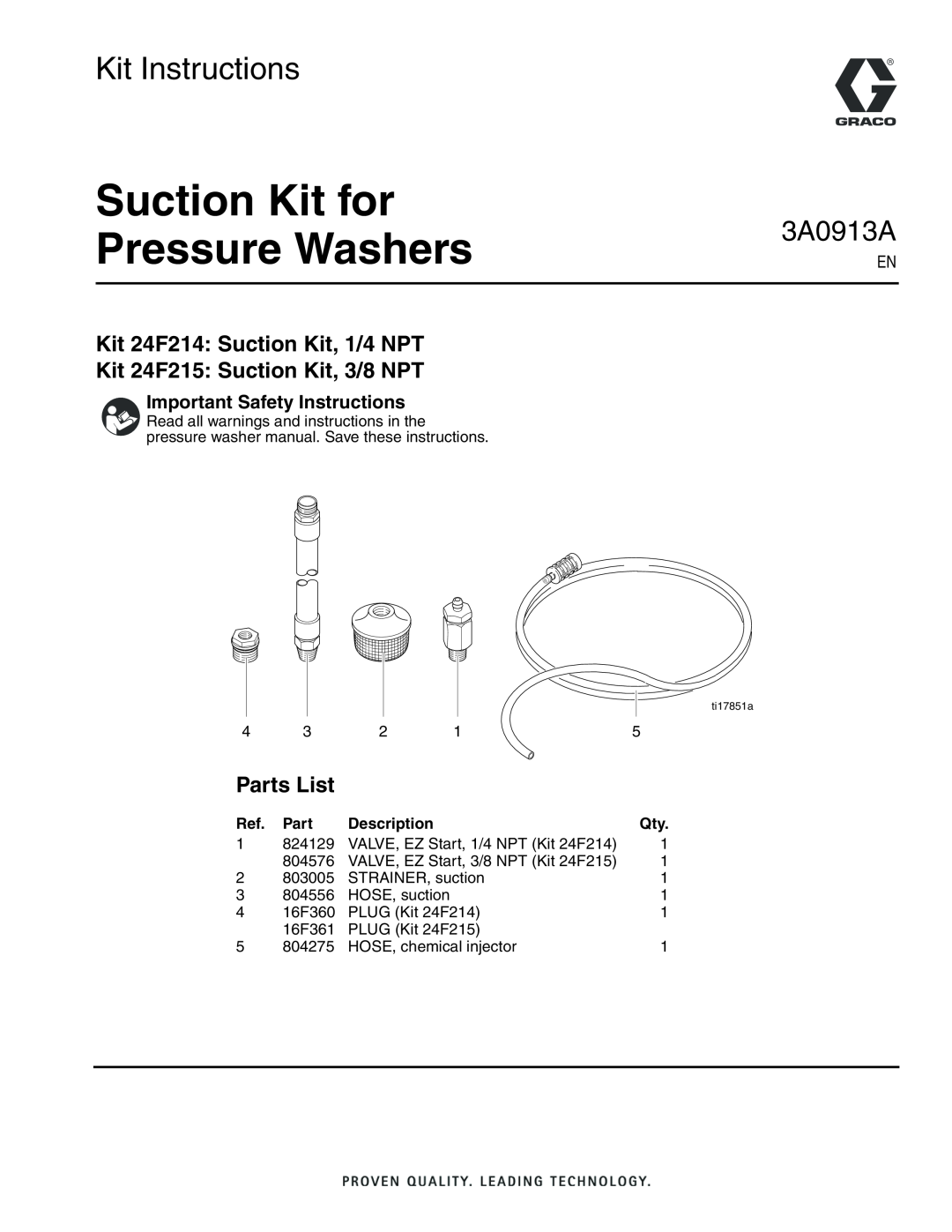 Graco important safety instructions Kit 24F214 Suction Kit, 1/4 NPT Kit 24F215 Suction Kit, 3/8 NPT, Parts List 