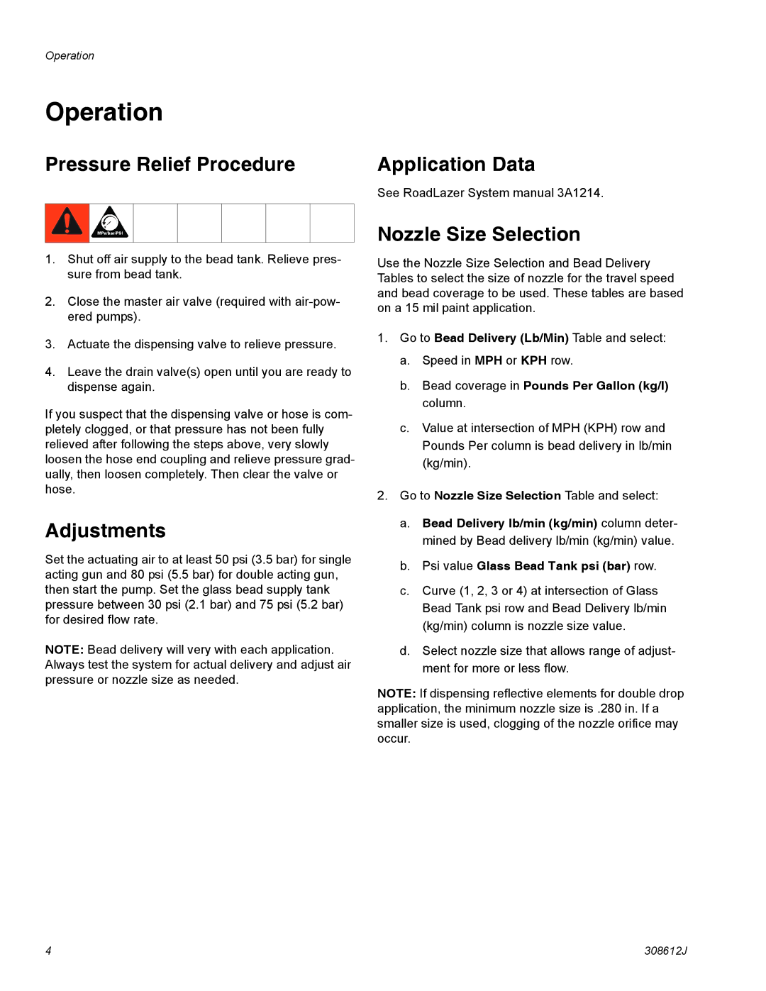 Graco 24G979, 238338 Operation, Pressure Relief Procedure, Adjustments, Application Data, Nozzle Size Selection 