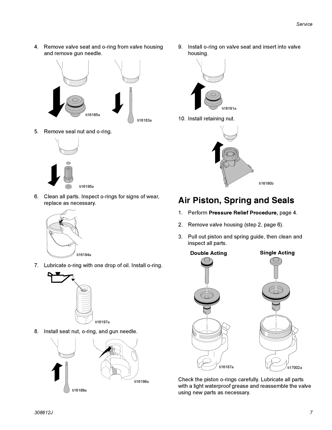 Graco 238338, 24G979 Air Piston, Spring and Seals, Perform Pressure Relief Procedure, Double Acting Single Acting 