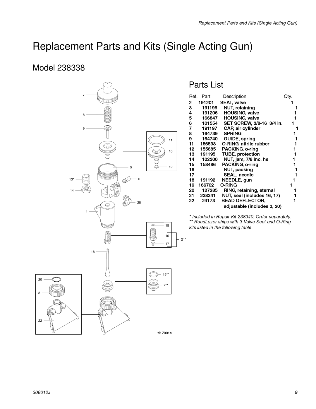 Graco 238338, 24G979 Replacement Parts and Kits Single Acting Gun, Model Parts List, Part Description Qty 