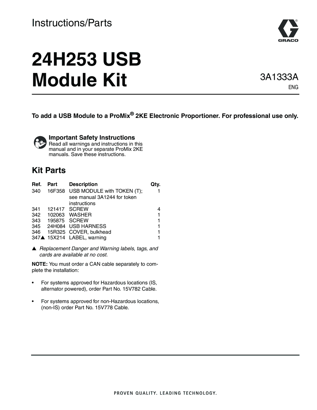 Graco important safety instructions 24H253 USB Module Kit, Kit Parts 