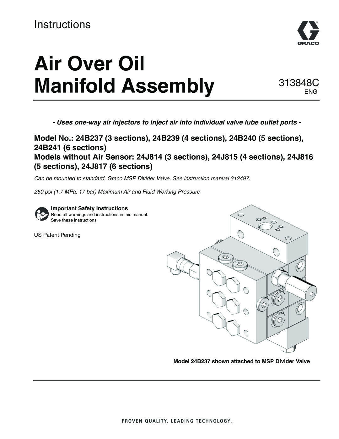 Graco 24J815, 24J817, 24B239, 24B241, 24J814, 24B240 instruction manual Air Over Oil, Manifold Assembly, Instructions, 313848C 