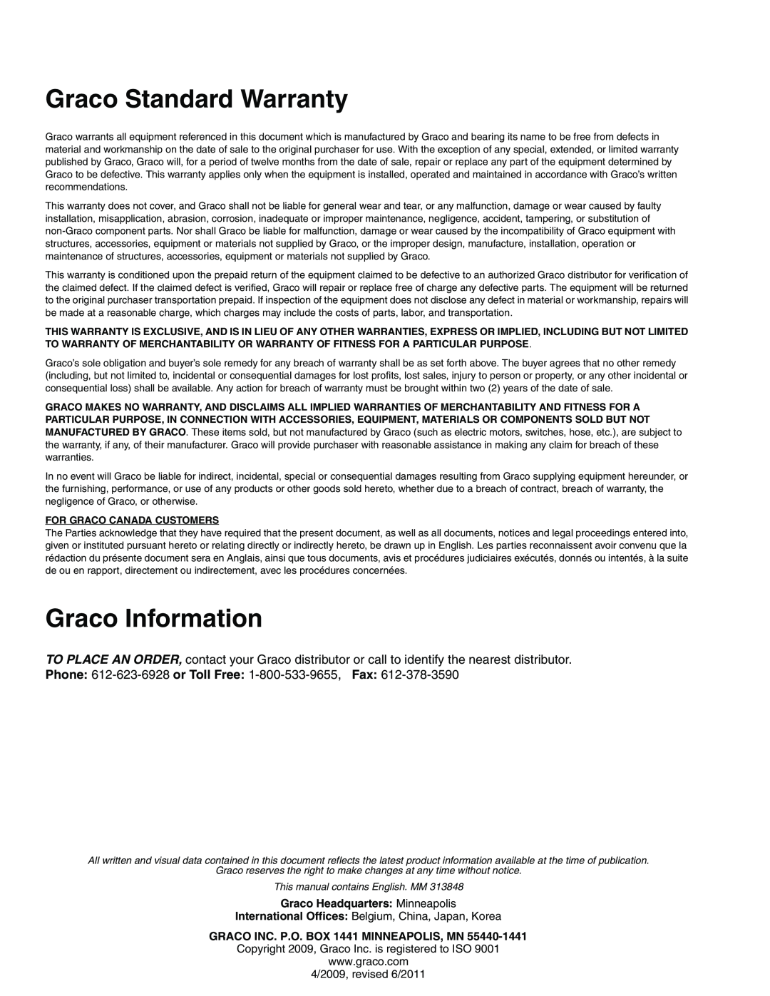 Graco 24J817 Graco Standard Warranty, Graco Information, Graco Headquarters Minneapolis, This manual contains English. MM 