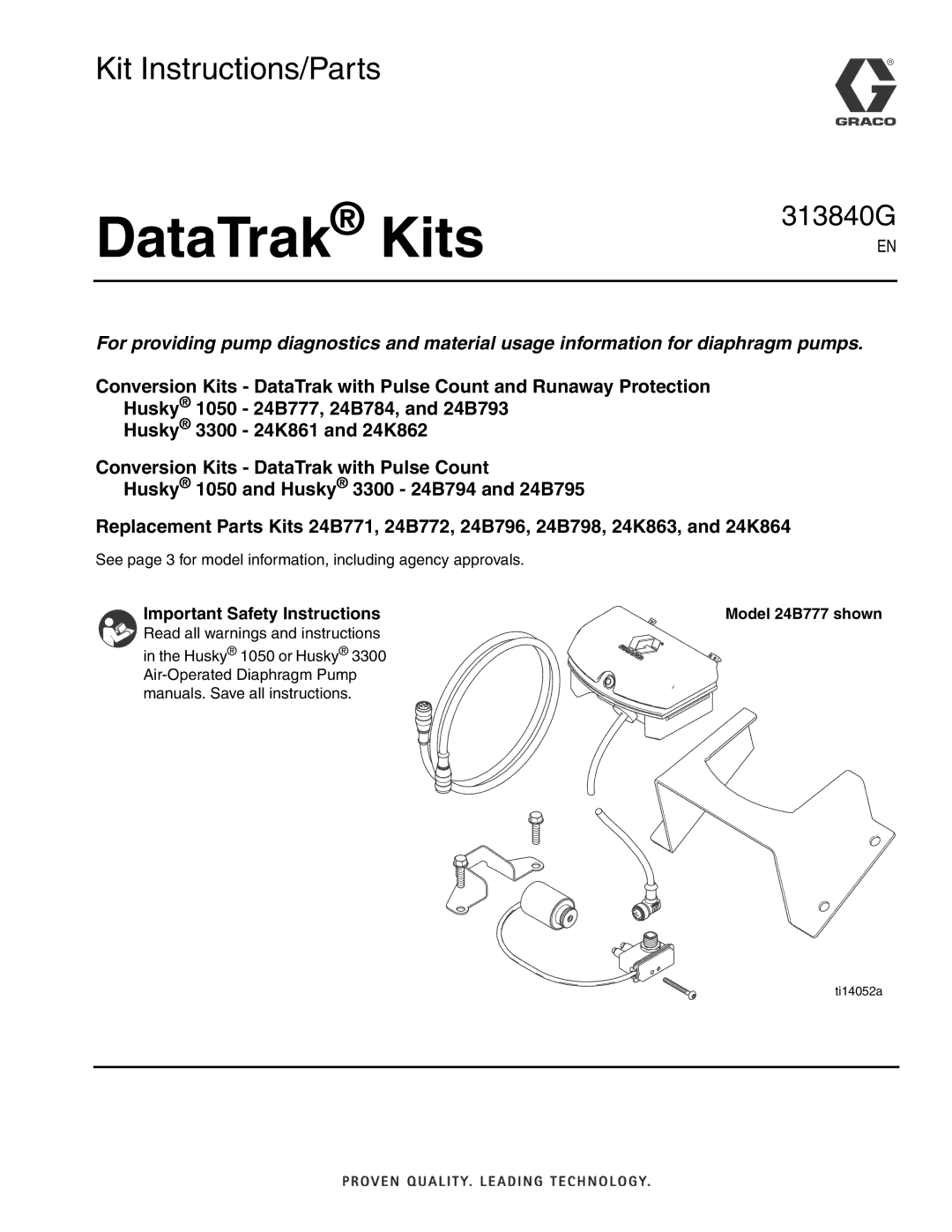 Graco 24B796, 24K861, 24B795, 24K864, 24B793, 24B771, 24B794 important safety instructions DataTrak Kits, Model 24B777 shown 