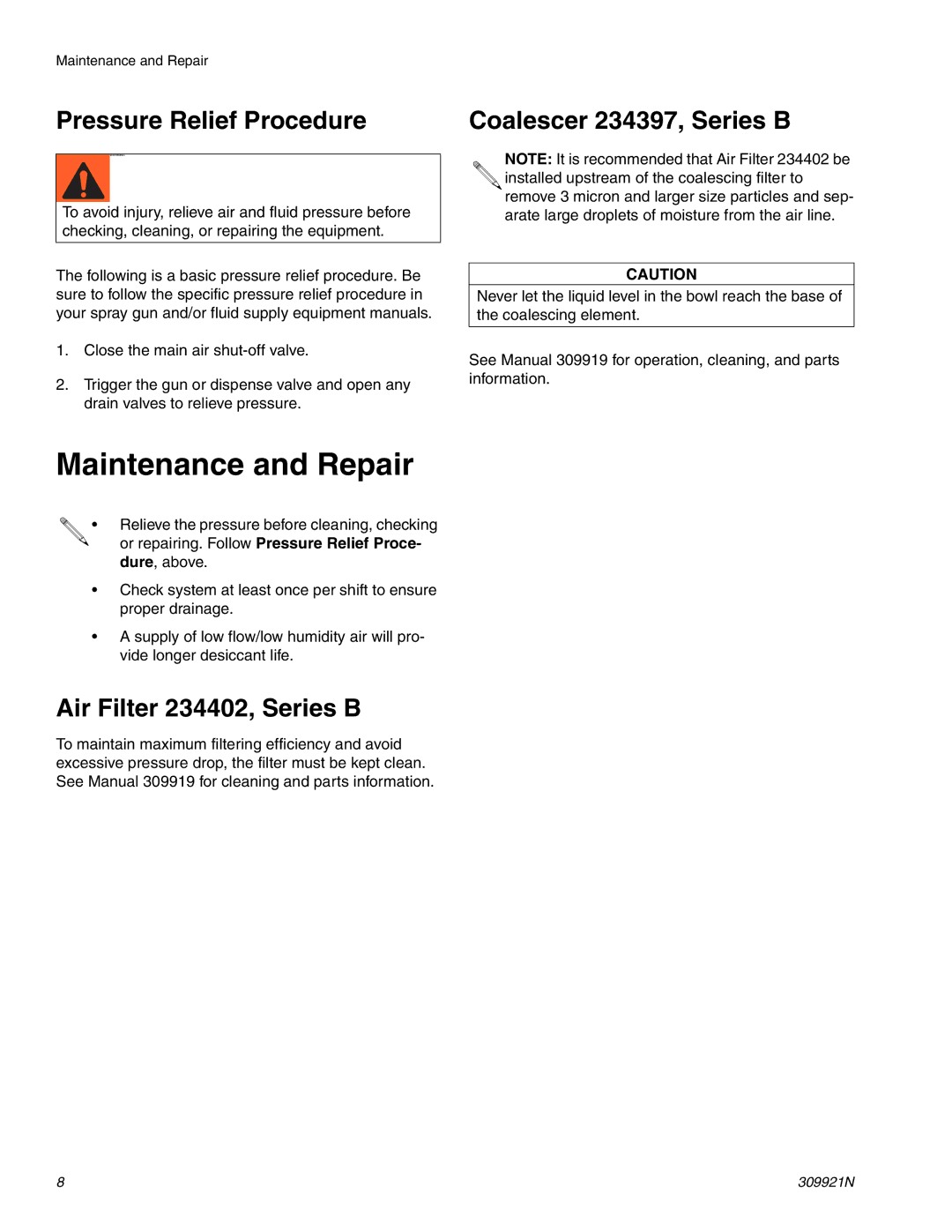 Graco 24M178 Maintenance and Repair, Pressure Relief Procedure, Air Filter 234402, Series B, Coalescer 234397, Series B 