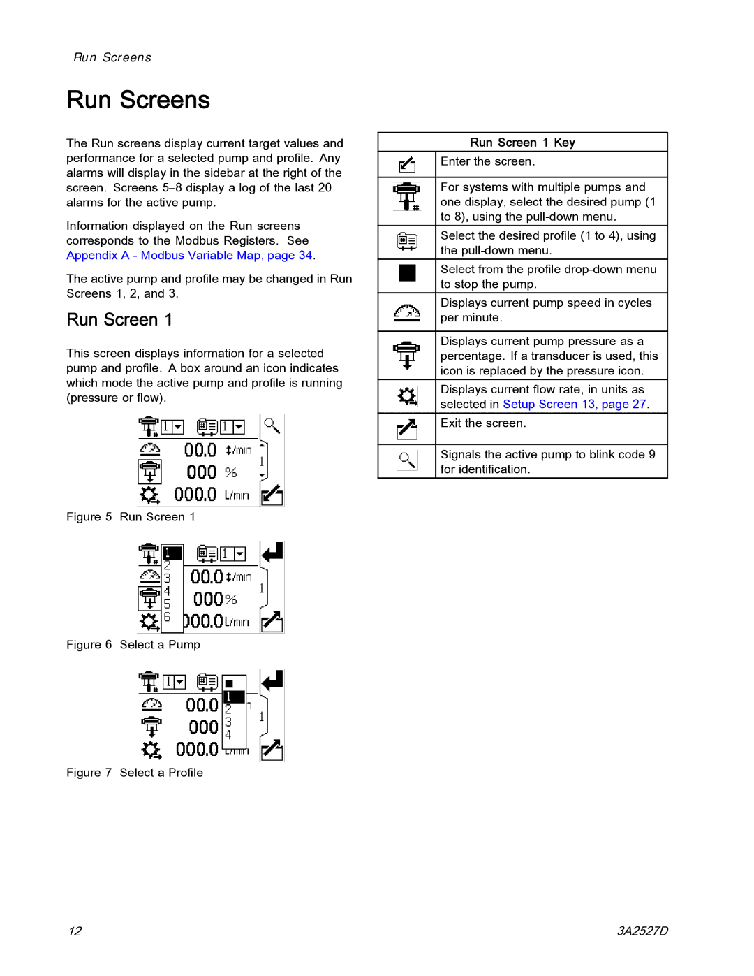 Graco 24P822 important safety instructions Run Screens, Run Screen 1 Key 