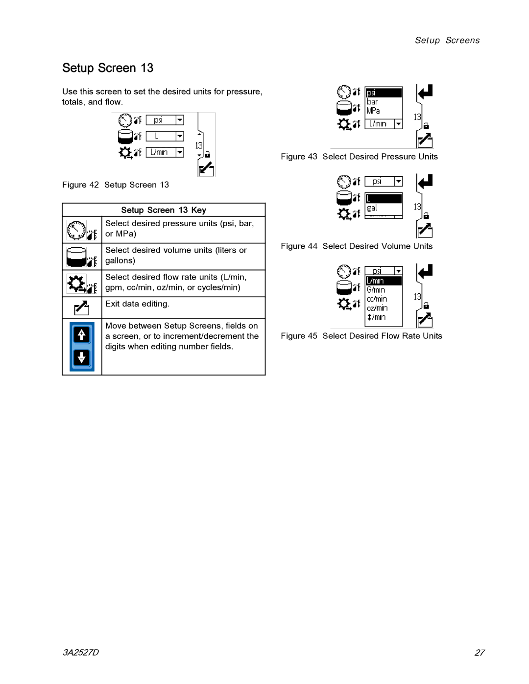 Graco 24P822 important safety instructions Setup Screen 13 Key, Select Desired Pressure Units 