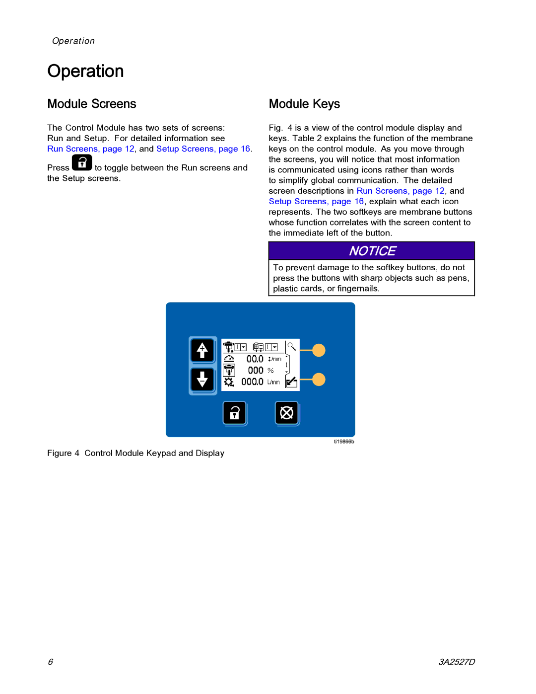 Graco 24P822 important safety instructions Operation, Module Screens, Module Keys 