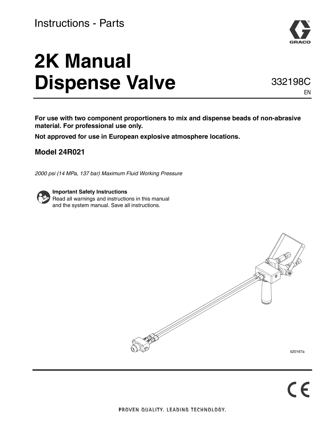 Graco 24R021 important safety instructions 2K Manual Dispense Valve, Important Safety Instructions 