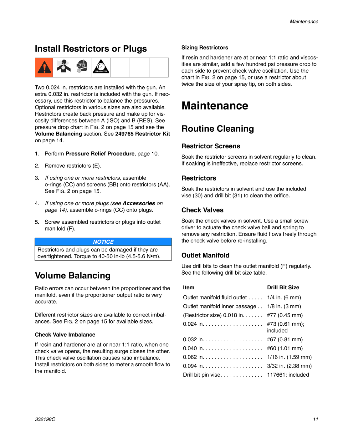 Graco 24R021 important safety instructions Maintenance, Install Restrictors or Plugs, Volume Balancing, Routine Cleaning 