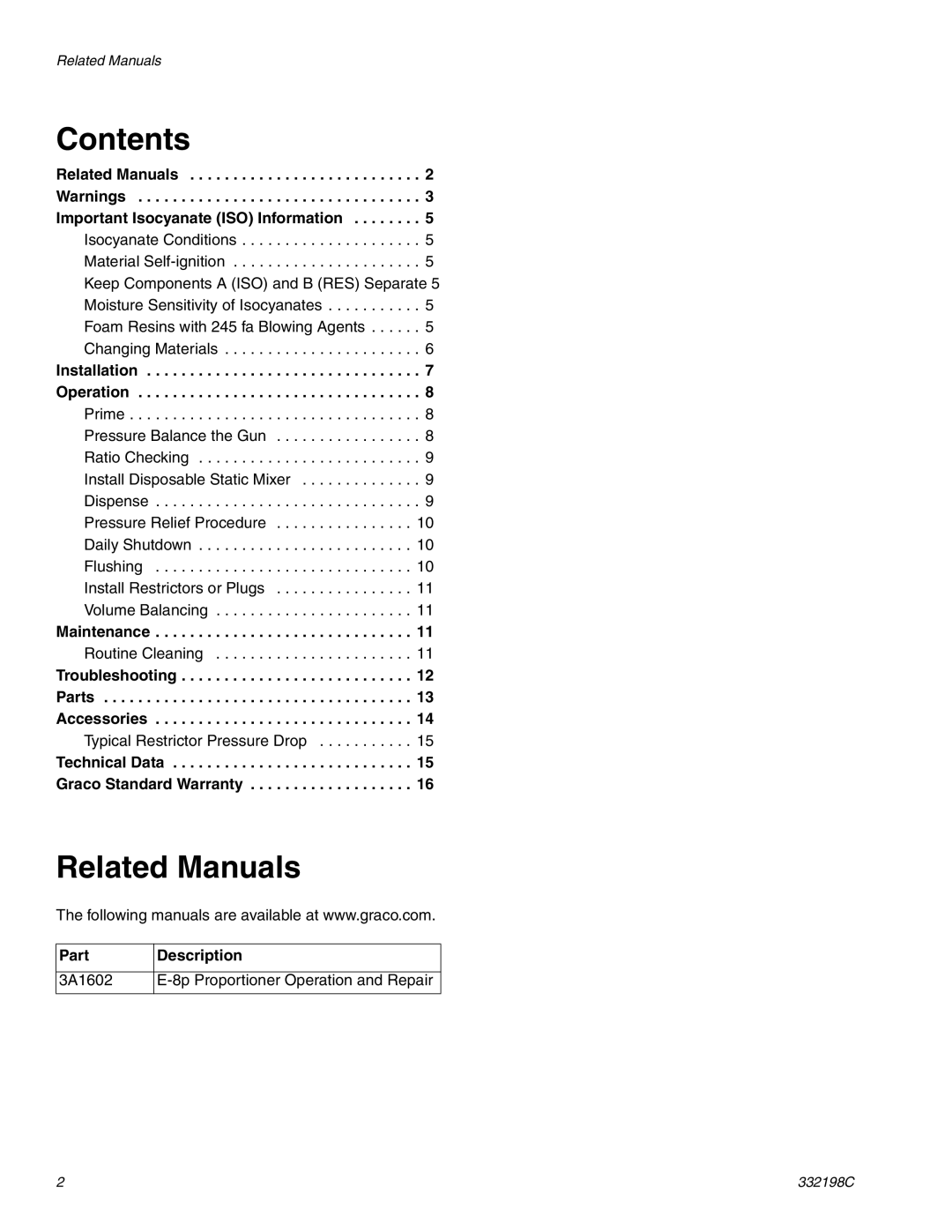 Graco 24R021 important safety instructions Contents, Related Manuals 