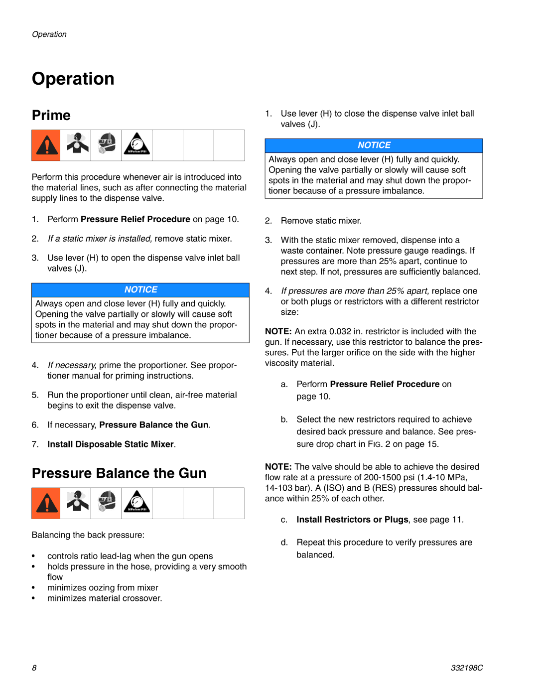 Graco 24R021 important safety instructions Operation, Prime, Pressure Balance the Gun, Perform Pressure Relief Procedure on 