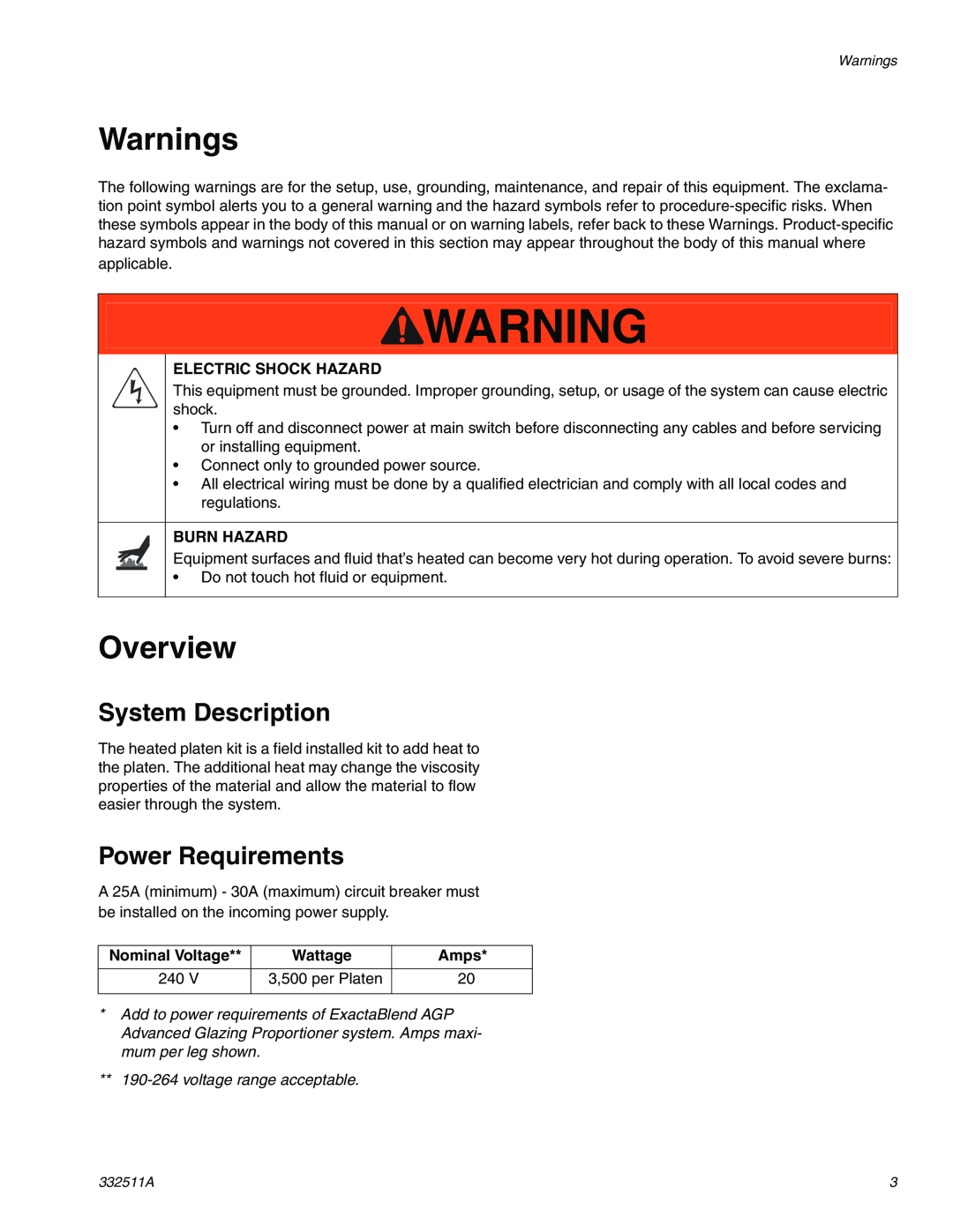Graco 24R200 Warnings, Overview, System Description, Power Requirements, Electric Shock Hazard, Burn Hazard, Wattage, Amps 