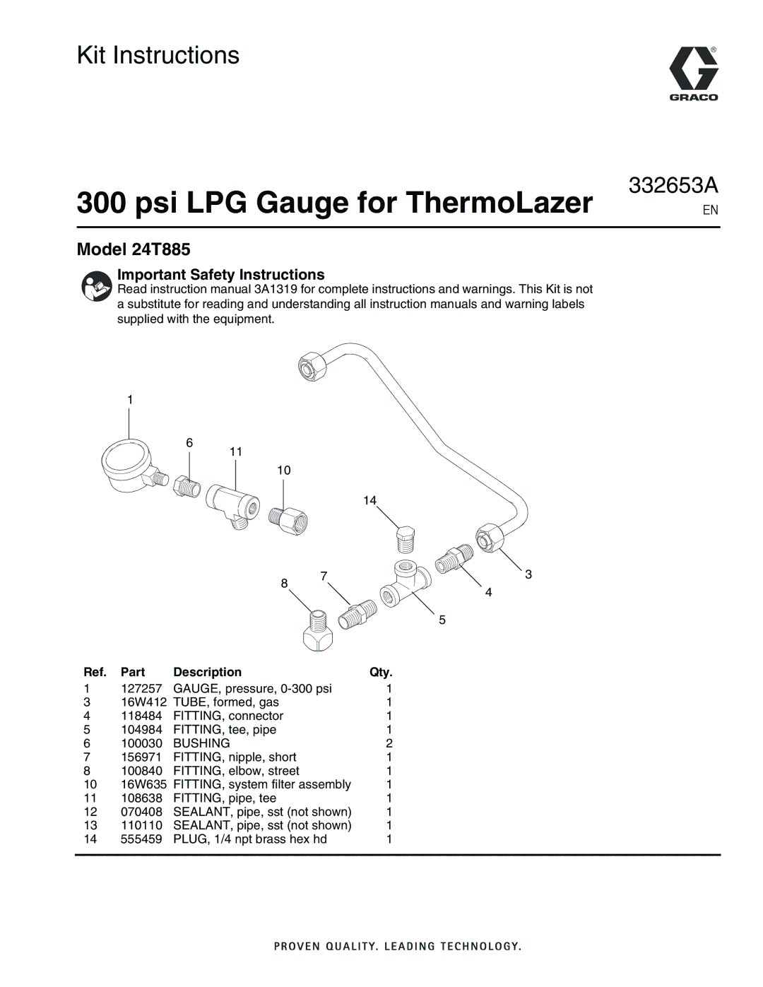 Graco 24T885 important safety instructions Psi LPG Gauge for ThermoLazer 