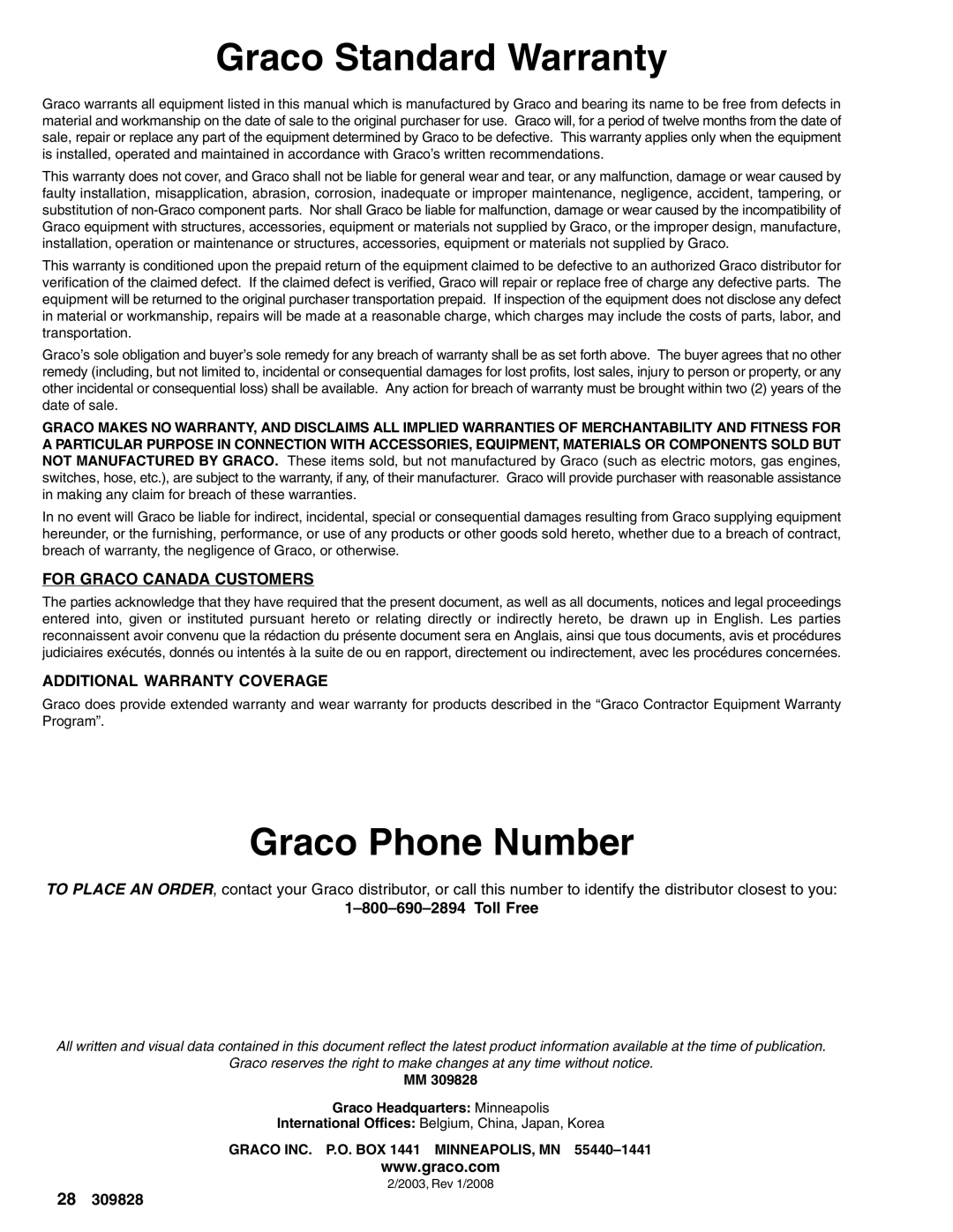 Graco 2525LD, 2626LD, 246601, 249065 important safety instructions Graco Standard Warranty, Toll Free 