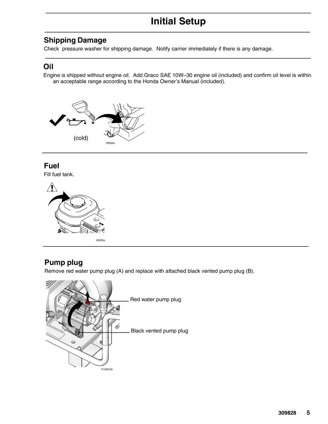 Graco 2626LD, 2525LD, 246601, 249065 important safety instructions Initial Setup, Shipping Damage, Oil, Fuel, Pump plug 