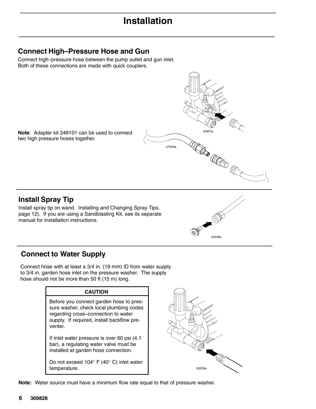 Graco 246601, 2525LD, 2626LD Installation, Connect High-Pressure Hose and Gun, Install Spray Tip, Connect to Water Supply 