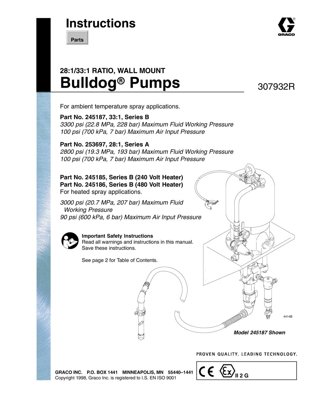 Graco 307932R, 253697 important safety instructions Instructions, Part No , 331, Series B, Part No , 281, Series a, Parts 