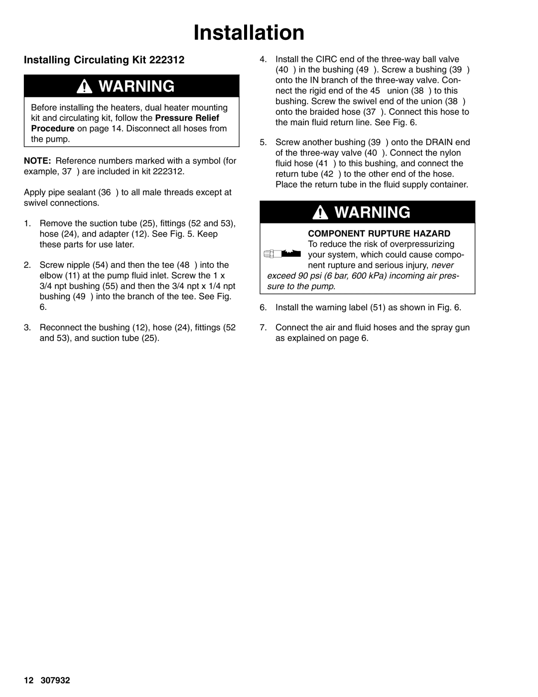 Graco 245186, 253697, 307932R, 245187, 245185 important safety instructions Installing Circulating Kit 