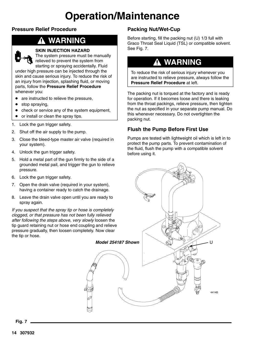 Graco 245185 Operation/Maintenance, Pressure Relief Procedure, Packing Nut/Wet-Cup, Flush the Pump Before First Use 