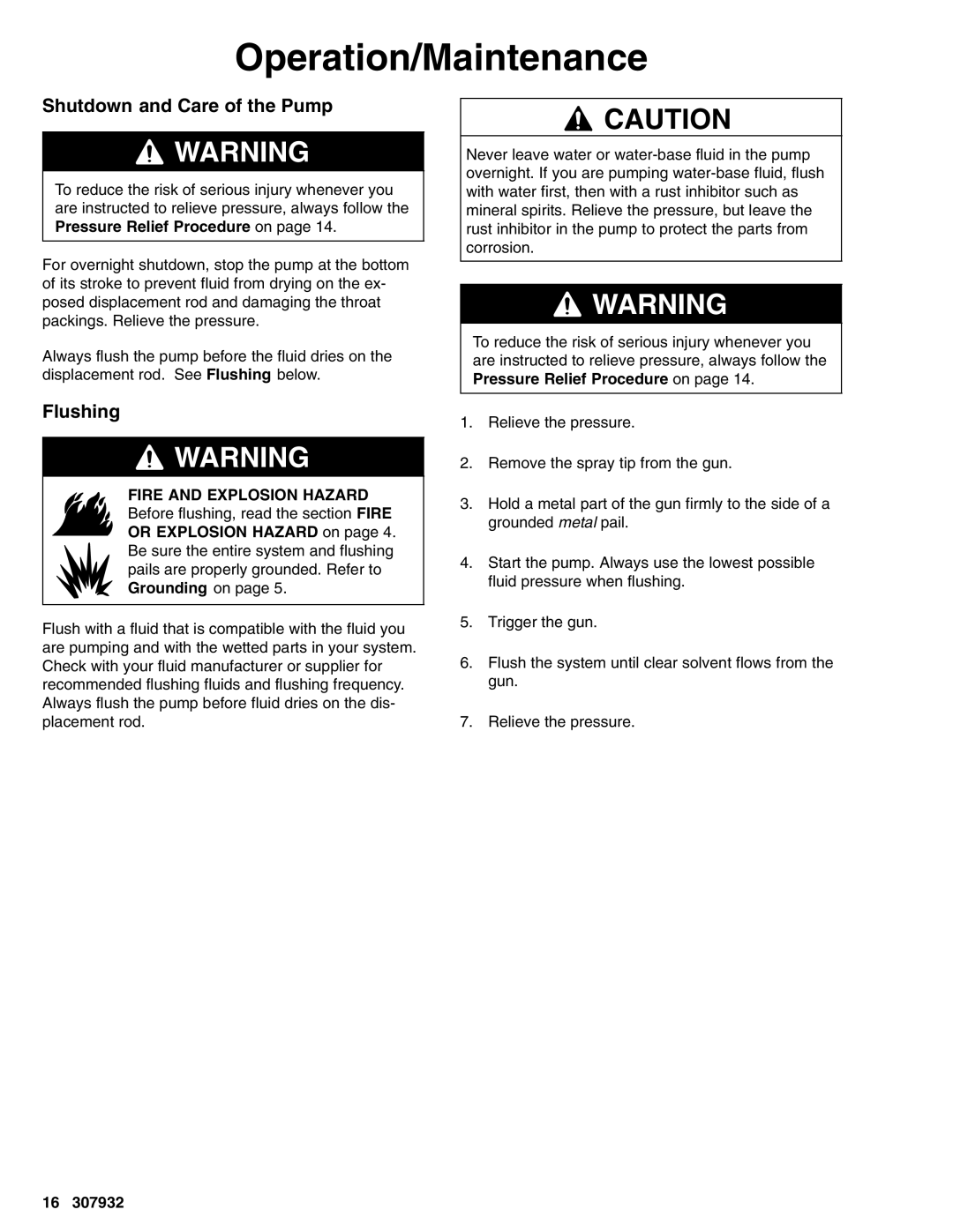 Graco 307932R, 253697, 245186, 245187, 245185 important safety instructions Shutdown and Care of the Pump, Flushing 