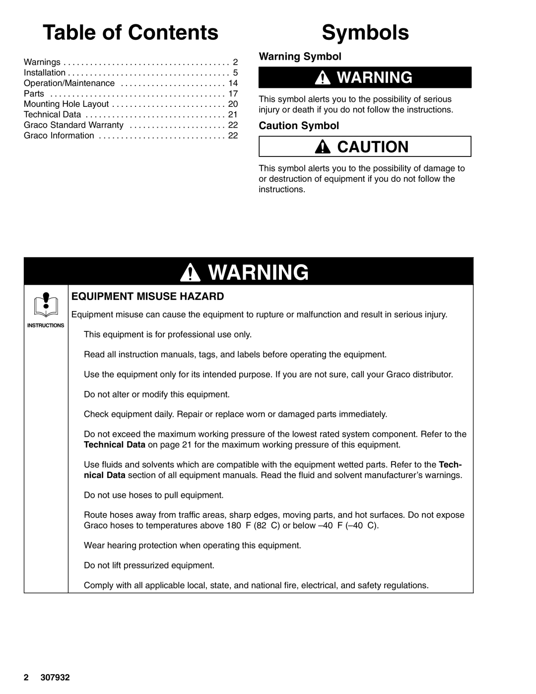 Graco 245186, 253697, 307932R, 245187, 245185 important safety instructions Table of Contents, Symbols 