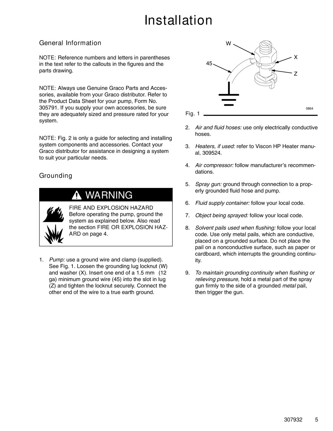 Graco 253697, 307932R, 245186, 245187, 245185 important safety instructions Installation, General Information, Grounding 