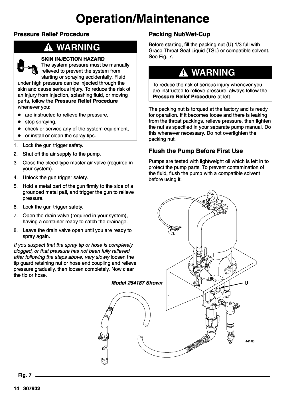 Graco 245185 Operation/Maintenance, Pressure Relief Procedure, Packing Nut/Wet-Cup, Flush the Pump Before First Use 
