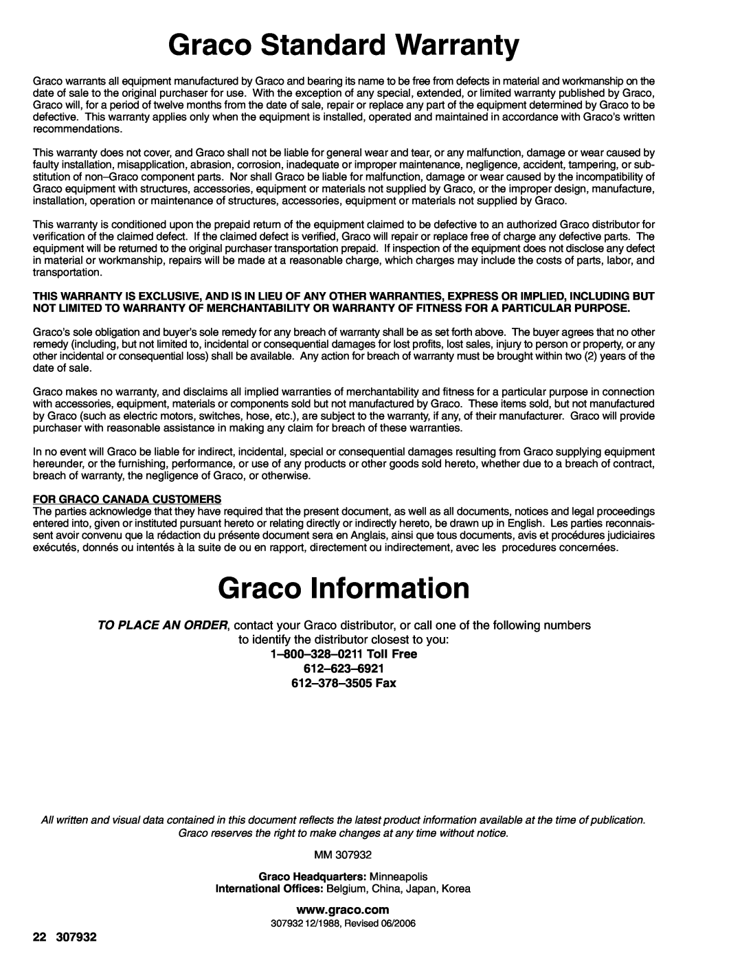 Graco 245186 Graco Standard Warranty, Graco Information, For Graco Canada Customers, Graco Headquarters Minneapolis 