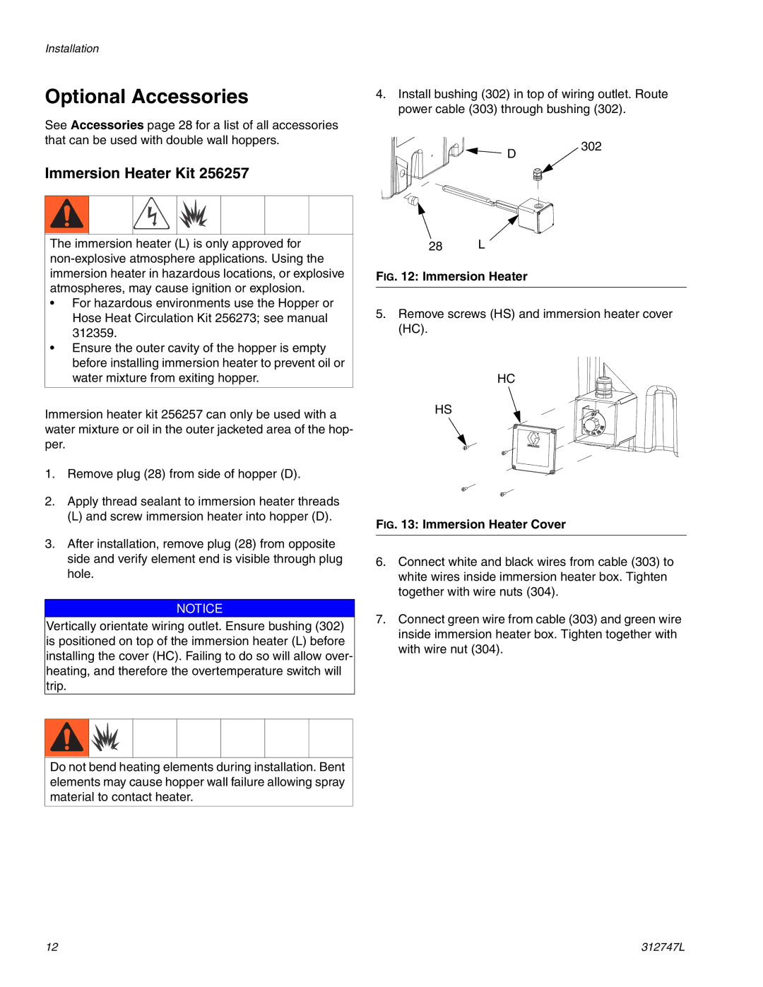 Graco 255963 important safety instructions Optional Accessories, Immersion Heater Kit 