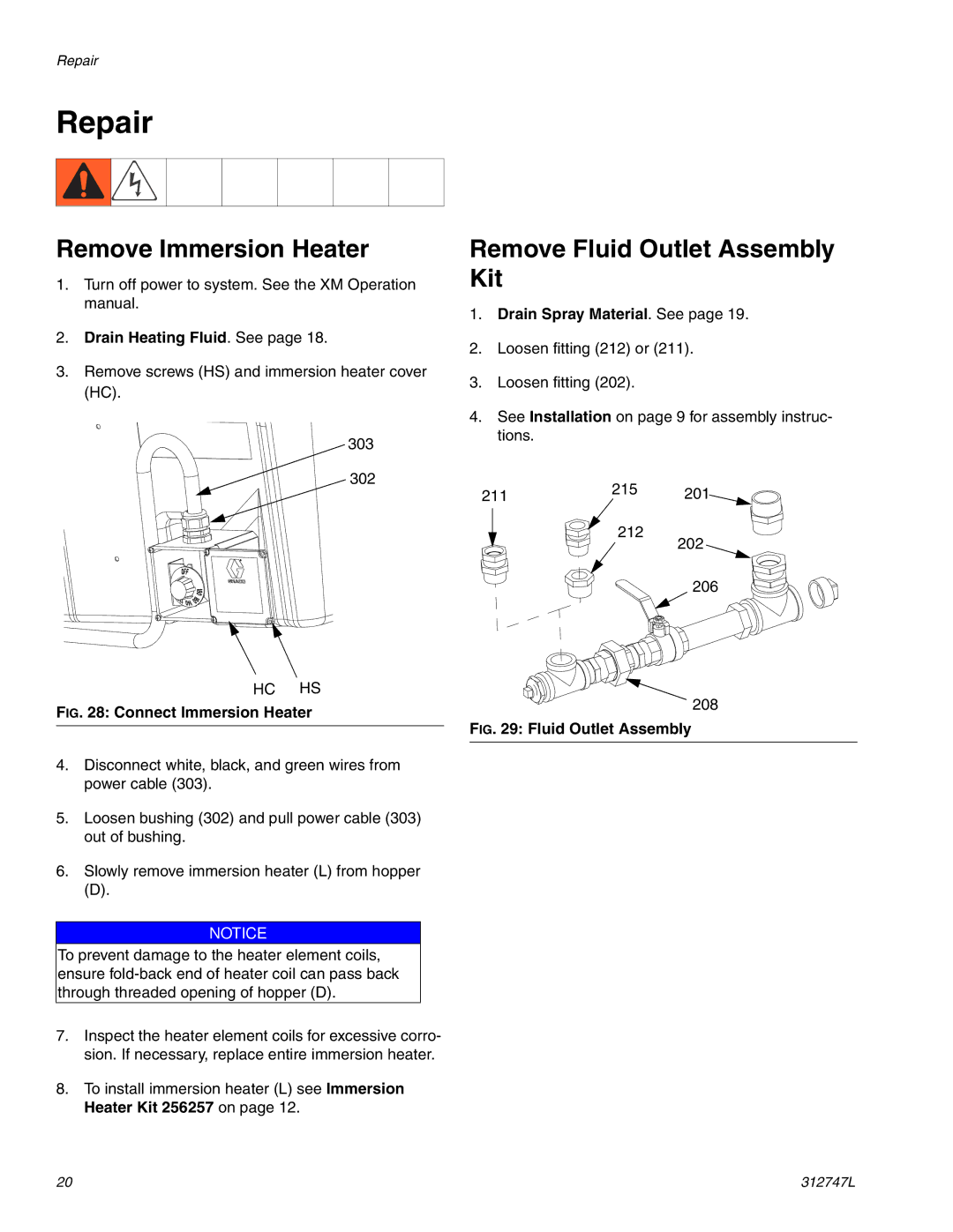 Graco 255963 Repair, Remove Immersion Heater, Remove Fluid Outlet Assembly Kit, Drain Heating Fluid. See 