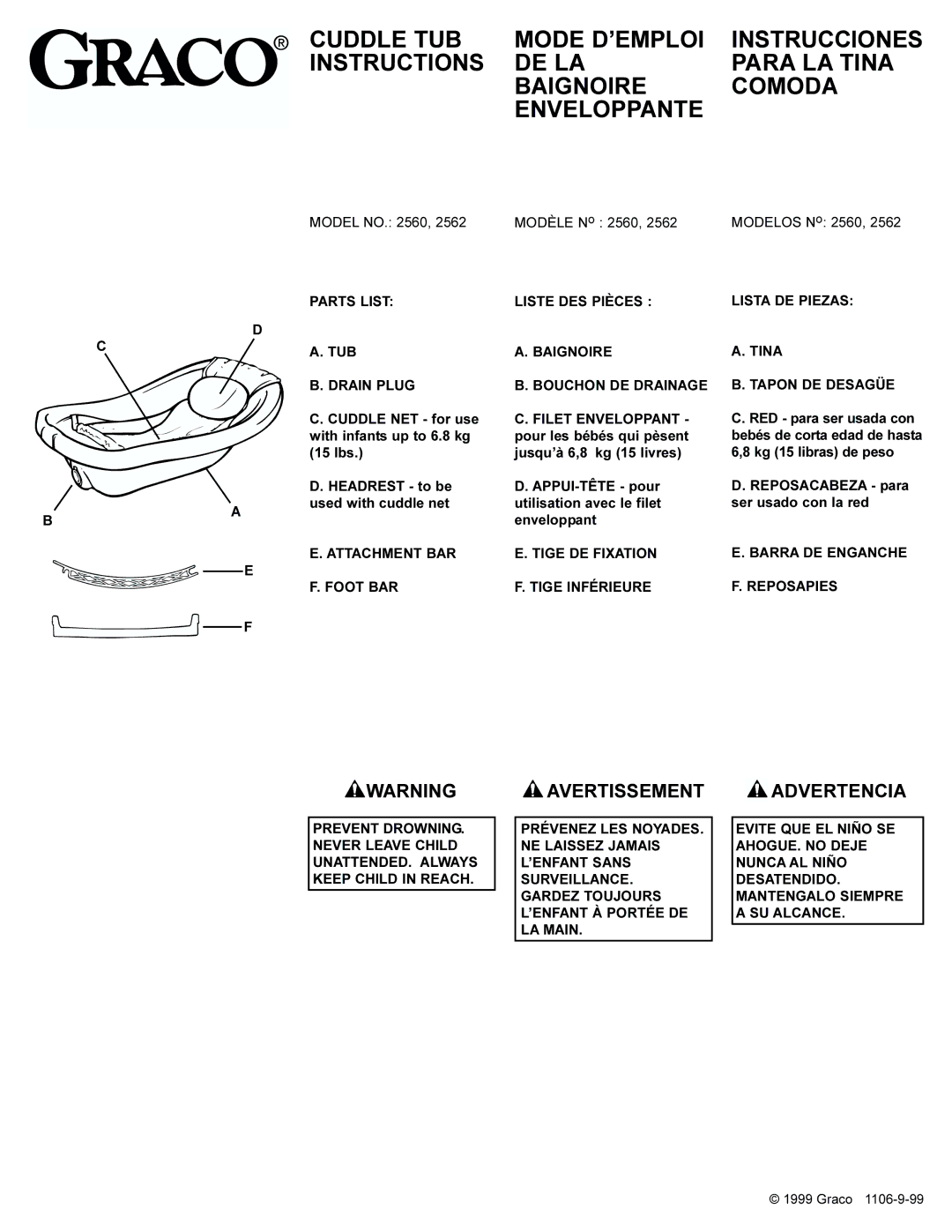 Graco 2562 manual Parts List, Tub, Drain Plug, Attachment BAR, Foot BAR, Liste DES Pièces Baignoire Bouchon DE Drainage 