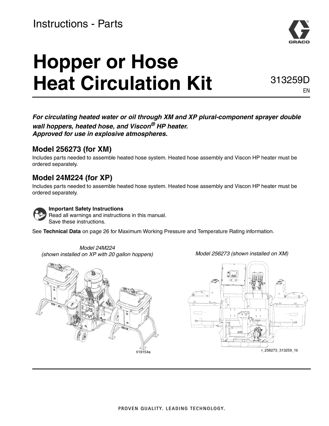 Graco 24M224(HP) important safety instructions Hopper or Hose Heat Circulation Kit, Important Safety Instructions 