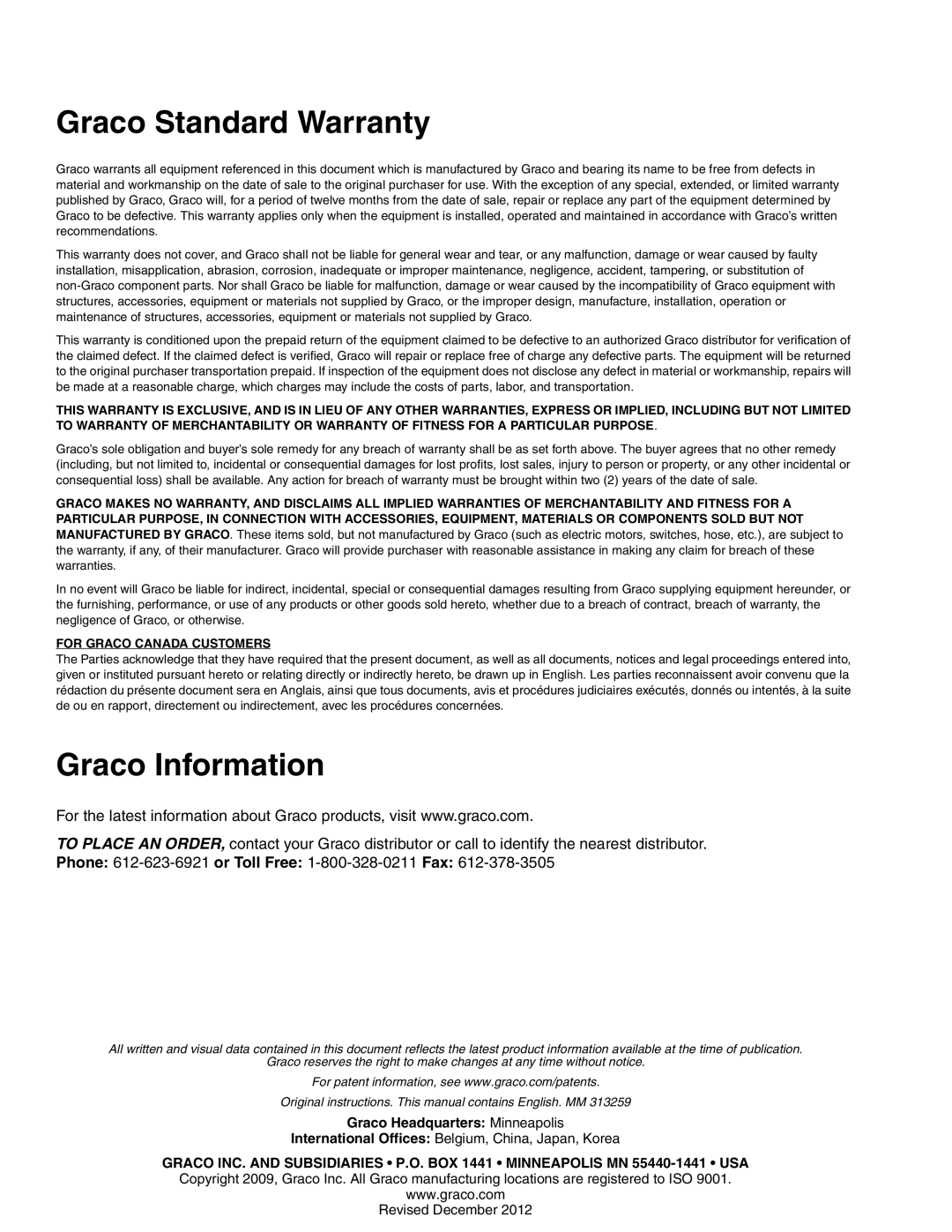 Graco 256273(HM), 24M224(HP) important safety instructions Graco Standard Warranty, Graco Information 