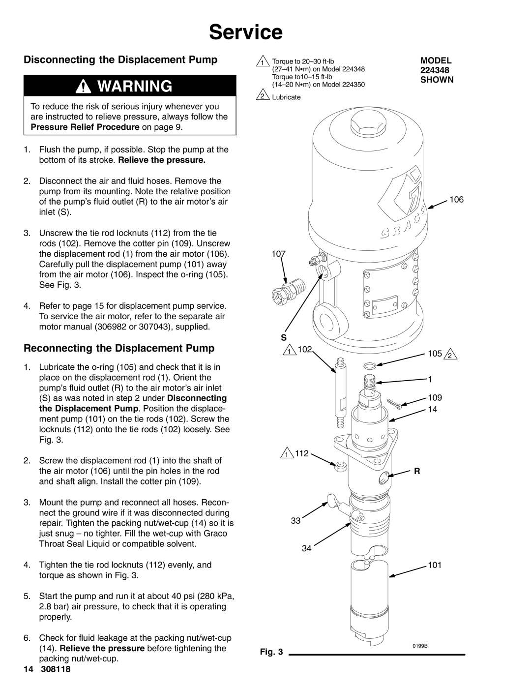 Graco 223540, 256713, 256714, 224348 Service, Disconnecting the Displacement Pump, Reconnecting the Displacement Pump 