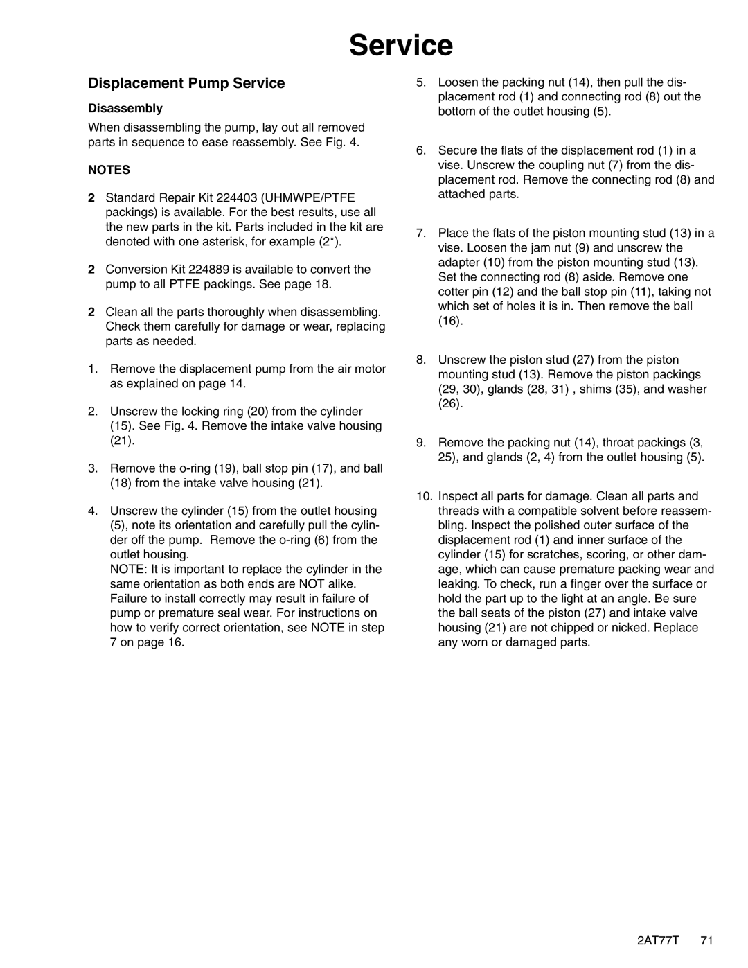 Graco 224348, 256713, 256714, 223540 important safety instructions Displacement Pump Service, Disassembly 