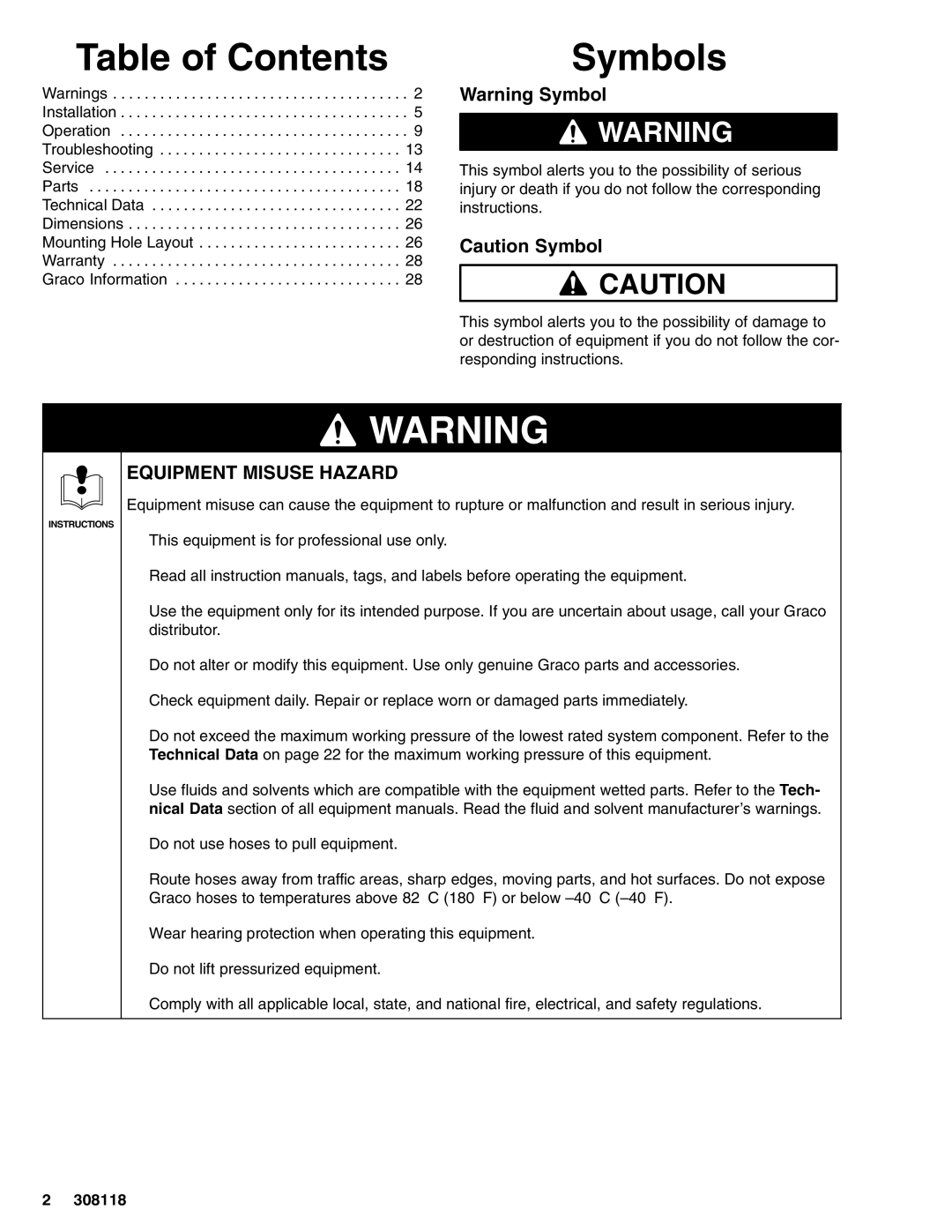 Graco 223540, 256713, 256714, 224348 important safety instructions Table of Contents, Symbols 