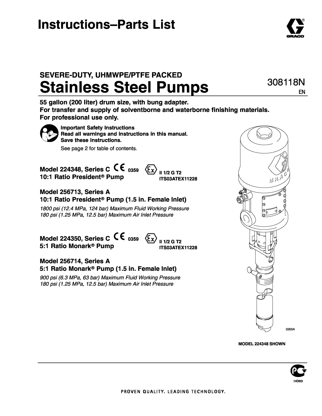 Graco 256714, 256713, 223540, 224348 important safety instructions Instructions-PartsList, Stainless Steel Pumps, 308118N 